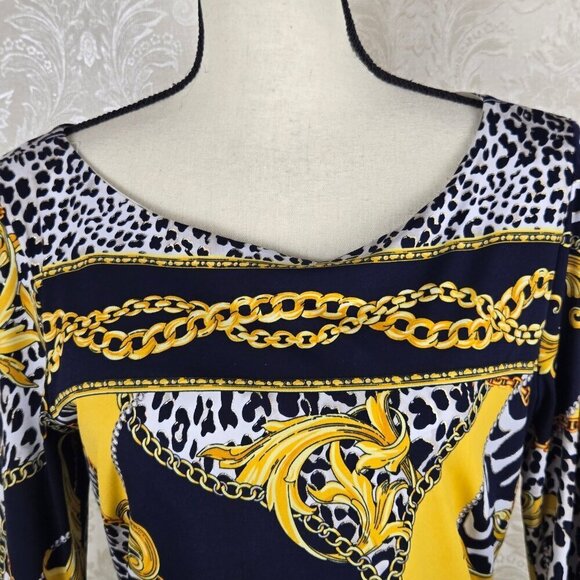 Cache Size 10 Navy Gold White Sheath Dress Animal Print Chain Pattern Sleeves - Picture 2 of 11